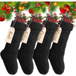 Sumind 4 Pack Christmas Stocking Pack Bulk 18'' Large Family Knitted Xmas Stocking with Name Tags Set, Holiday Fireplace Decoration (Black)