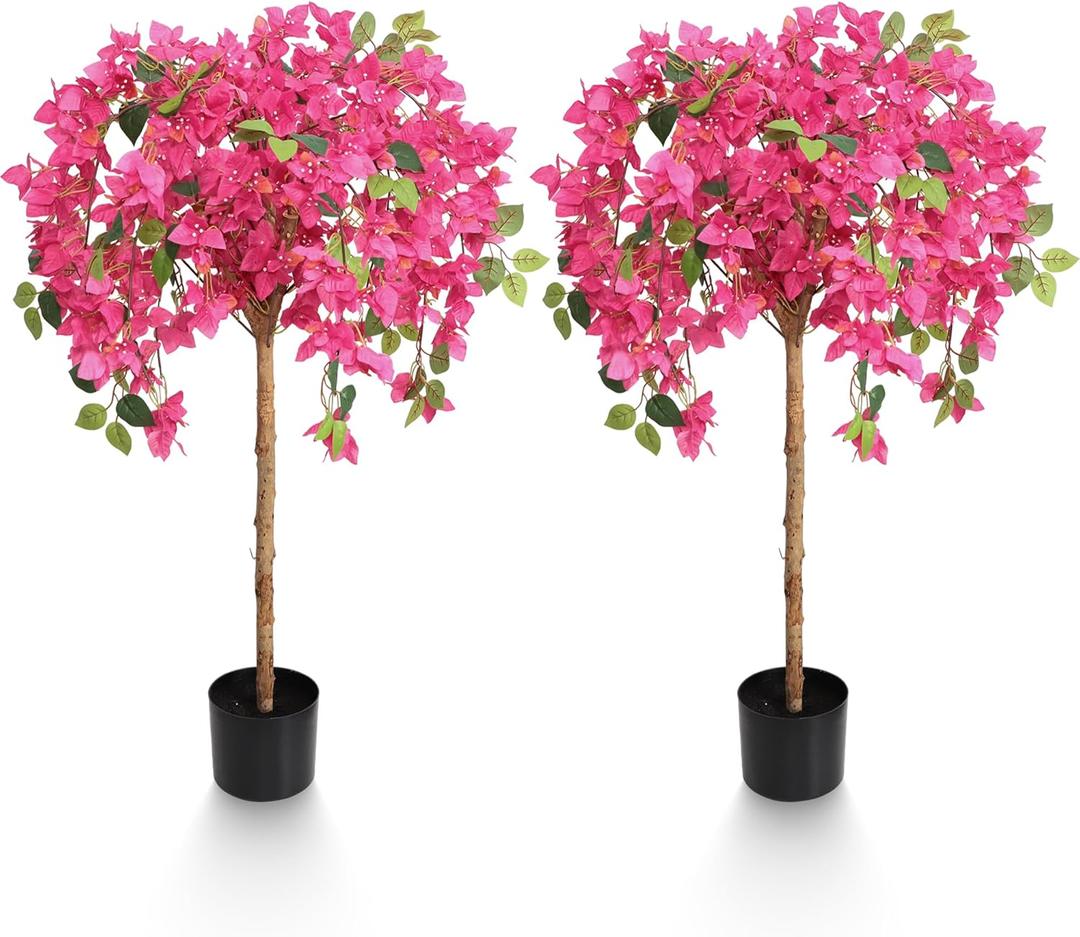 4 Feet Artificial Bougainvillea Trees, Fake Bougainvillea Pink Flowers Tree with Black Plastic Pot, Outdoor Faux Blooming Plants Potted 2 Packs for Decor Front Porch Indoor or Home Office (47 inch)