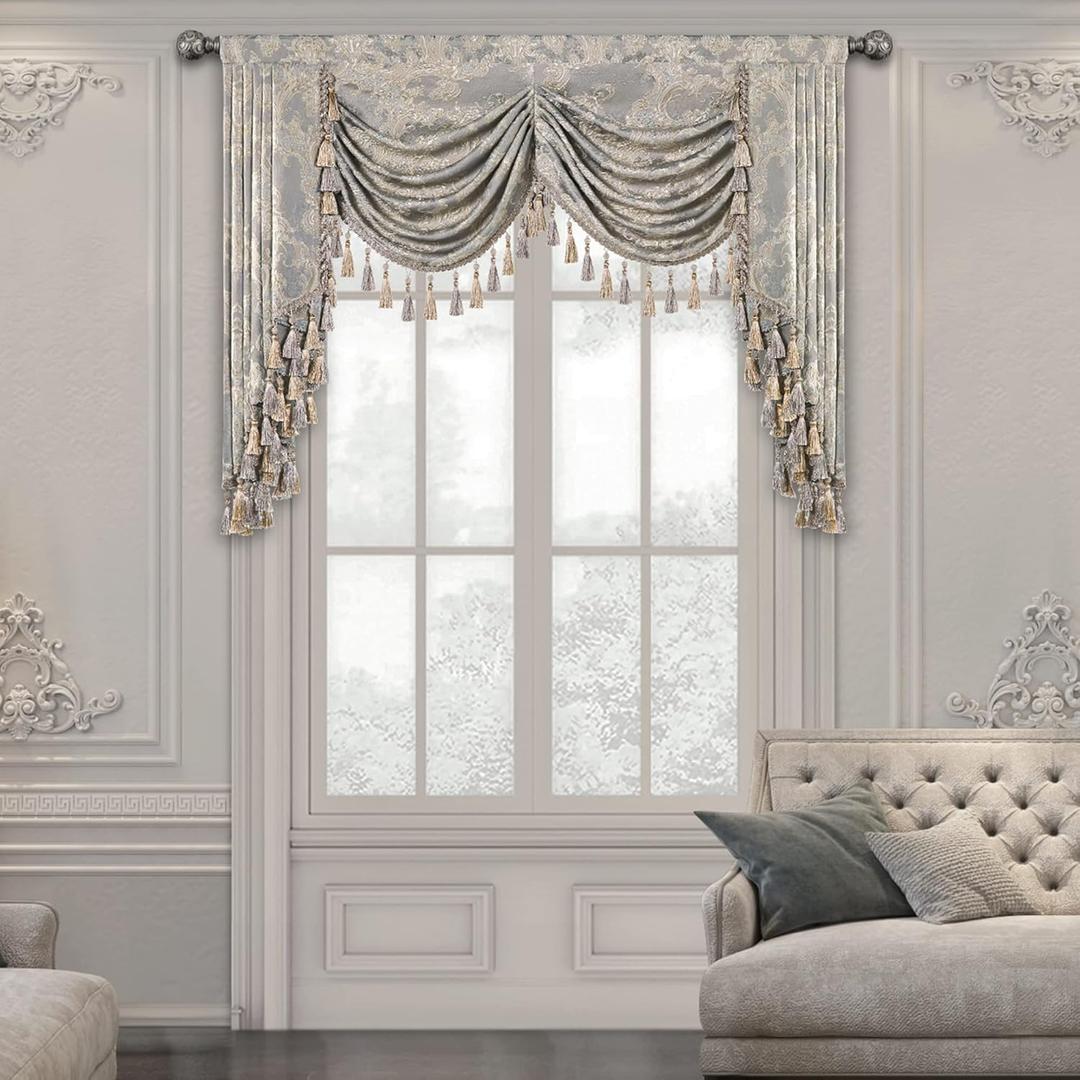 Loom and Mill Luxury Waterfall Valances for Windows, Jacquard Thick Swag Waterfall Curtains Valance with Tassels for Living Room, Bedroom Party Banquet Decorations (Grey, W59 Inch, 1 Panel), 59"W x 45"L