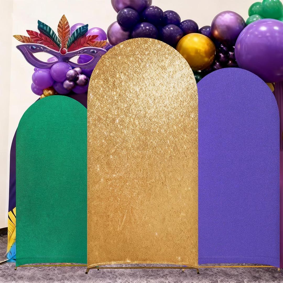VitalCozy 7.2ft Arch Backdrop Cover Spandex Fitted Arch Stand Covers Round Top Backdrop Cover for Party Photoshoot Decorations (6,5,4ft, Mardi Gras)