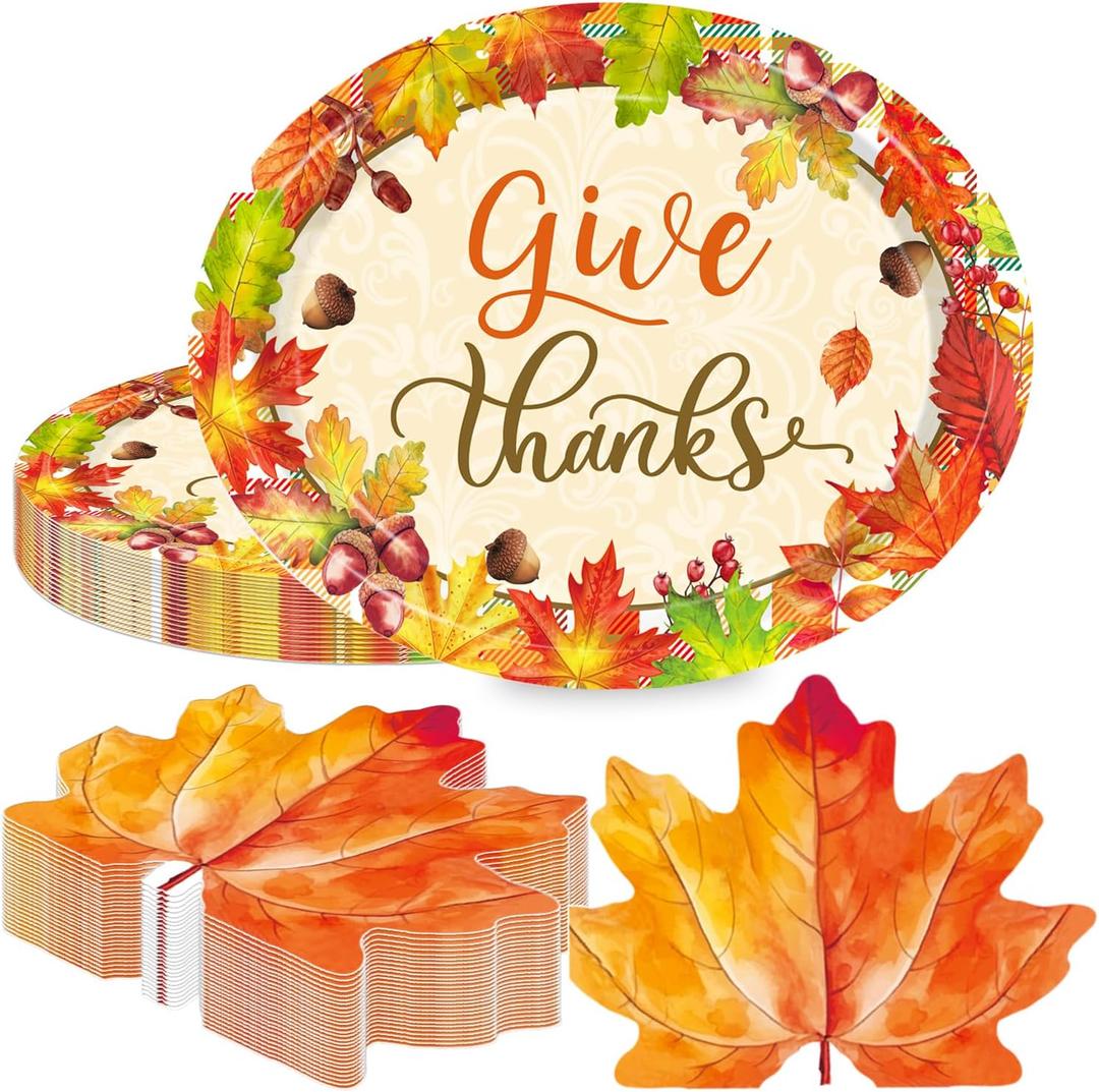 Thanksgiving Paper Plates Thanksgiving Disposable Large 9" X 11" Oval Plates Maple Leaf Napkins for Harvest Give Thanks Party Tableware Supplies Holiday Decorations