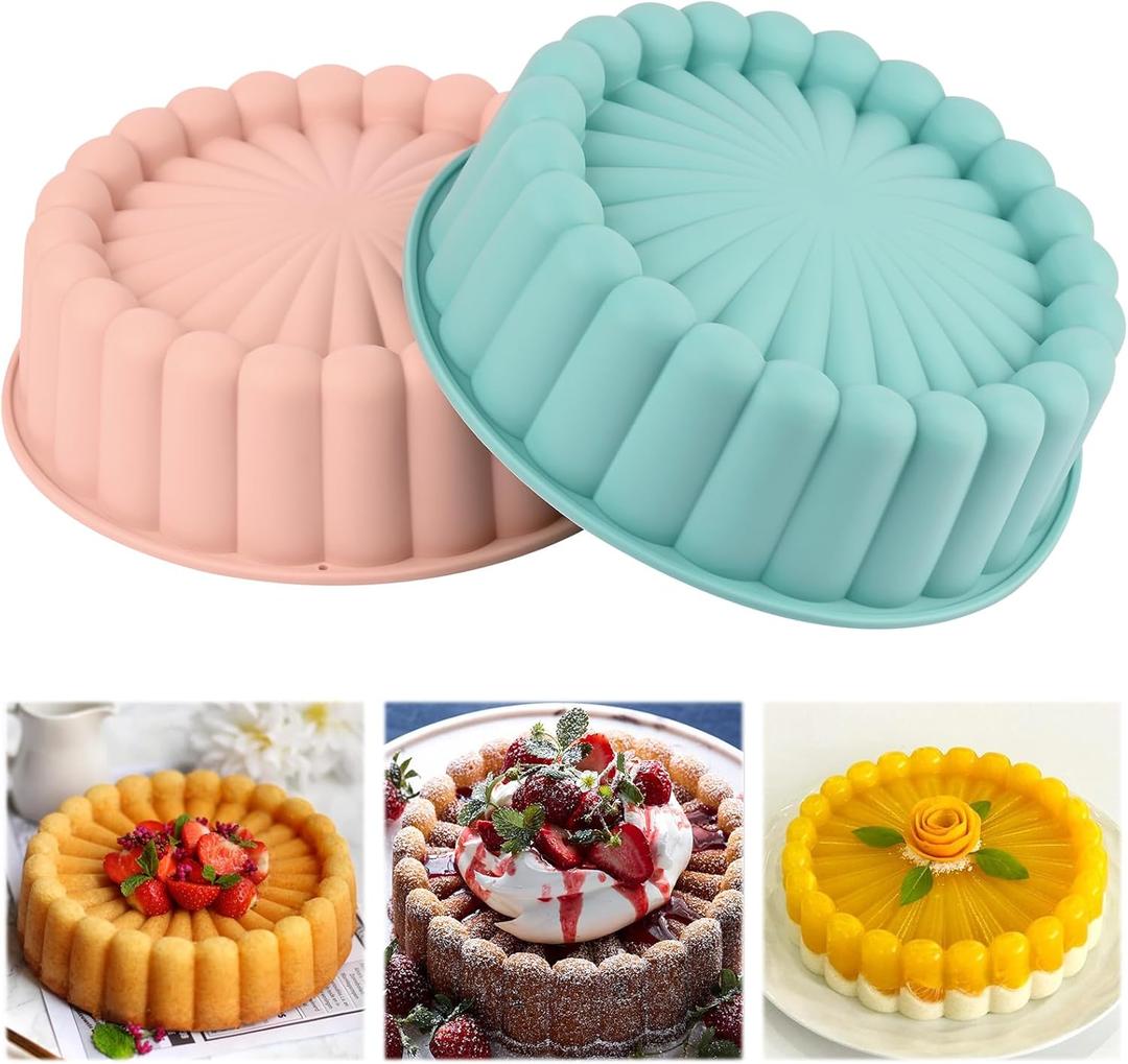 HUAKENER 2 Pcs Charlotte Cake Pan, 8 Inch Round Cake Pan, Nonstick Silicone Cake Molds for Cheese Cake, Chocolate Cake, Rainbow Cakes, Strawberry Shortcake, Brownie Tart Pie, Bule and Pink