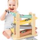 Car Ramp Toys for One Year Old Boy Birthday Gifts, Wooden Montessori Toys for 1 2 Year Old, Race Track Truck Toy with 4 Mini Cars/1 Parking Lot, First Christmas Birthday Gifts for Toddlers 1-3-2-4