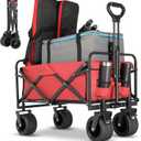 Beach Wagon,Collapsible Foldable Wagon Cart with Big Wheels,Utility Folding Grocery Lounge All Terrain Wagon with Side Pocket and Brakes for Sand Camping Sports Outdoor(Red).