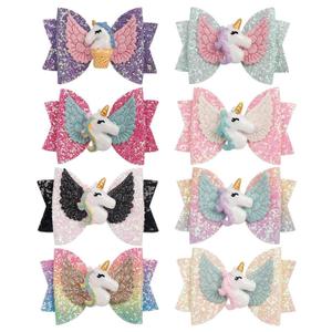 8pcs Unicorn Hair Bows, 3 Inch Glitter Grosgrain Ribbon Bows with Alligator Clips for Toddlers