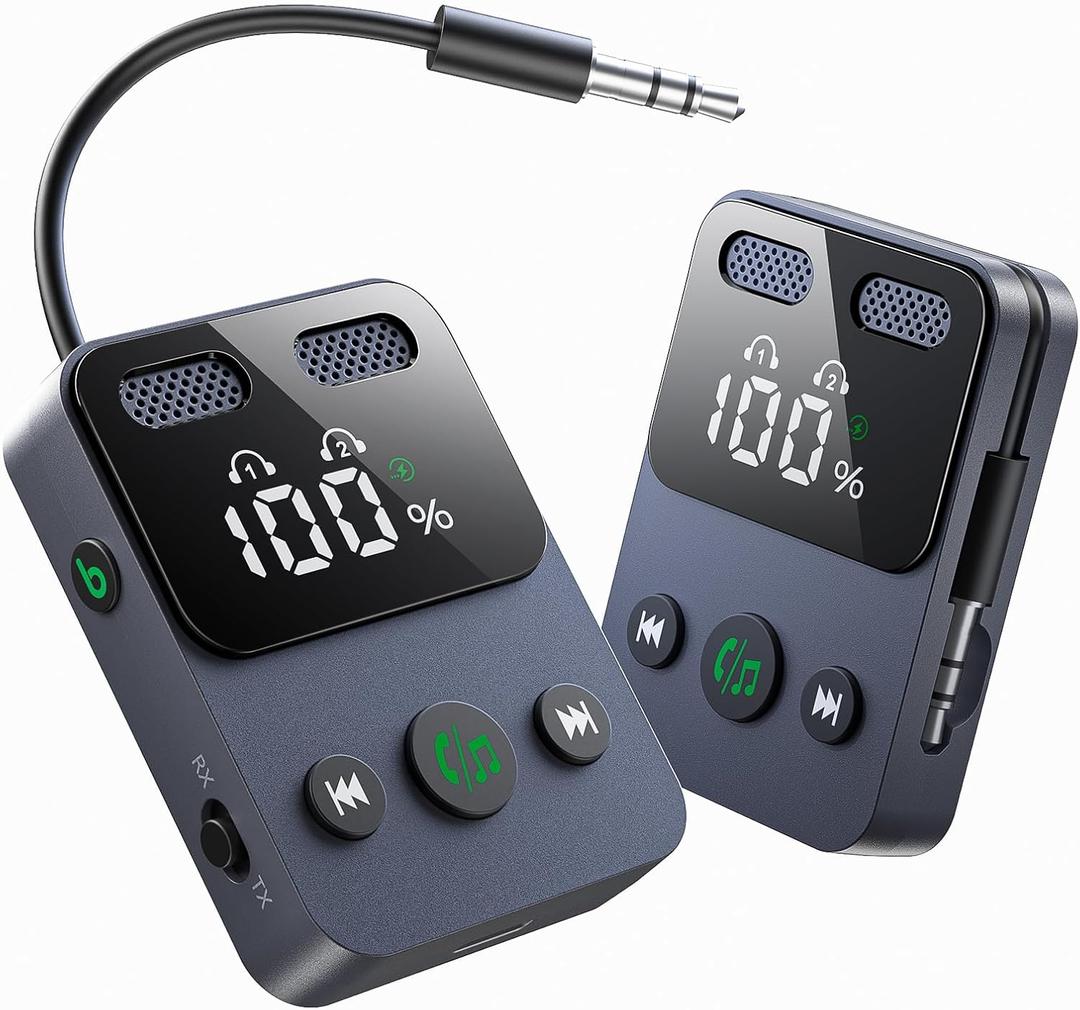 SUPERONE Airplane Bluetooth 5.3 Adapter for 2 AirPods or Headphones, HD Display Bluetooth Wireless Transmitter, 20Hr Playtime, 3.5mm Aux Audio Jack Adapter for Airplane/TV/Car/Home Stereo