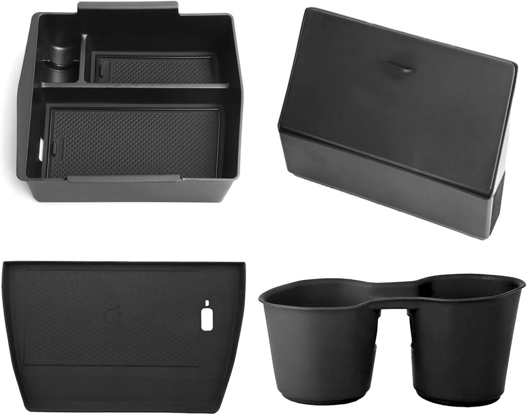 Upgraded Center Console Organizer Set for 2025 Subaru Forester Accessories, Armrest Storage Box + Silicone Cup Holder + Hidden Box + Wireless Charging Protective Pad with Non-Slip Mat 4Pcs Set, Black