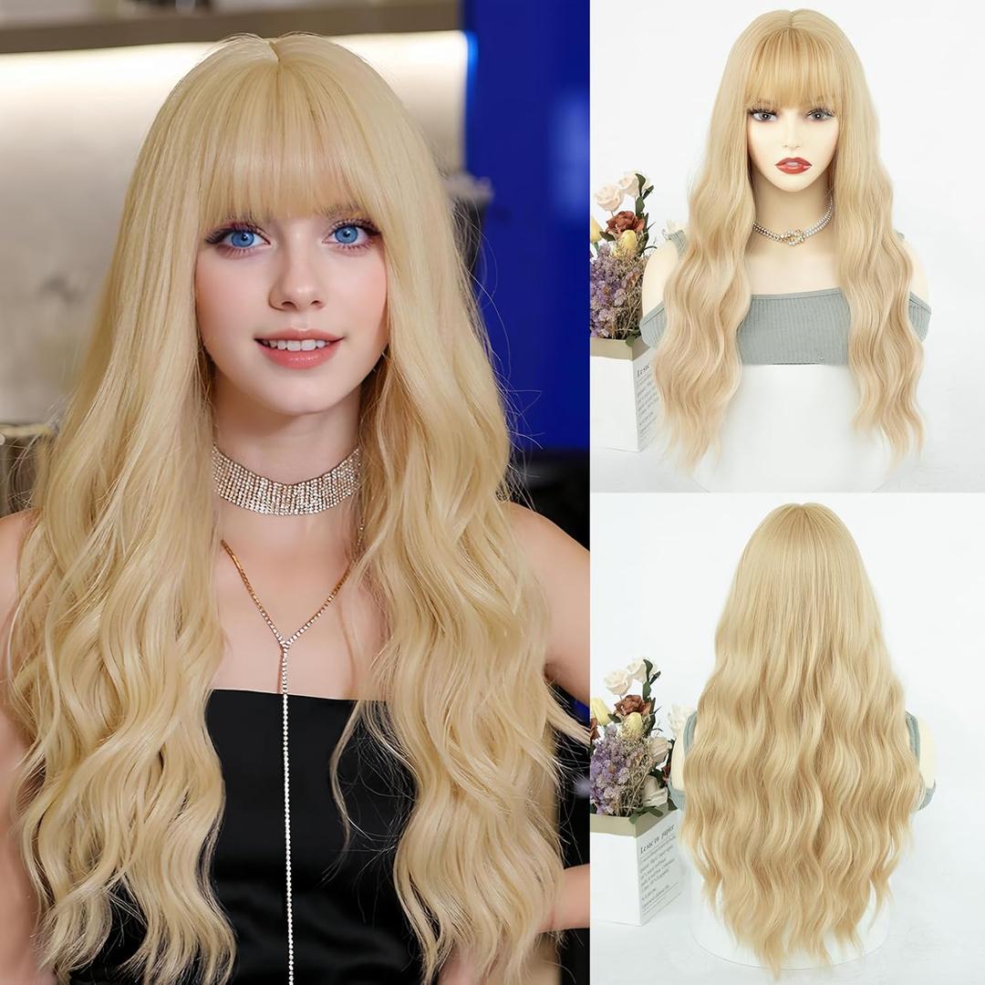 ENTRANCED STYLES Blonde Wig with Bangs Platinum Blonde Wigs for Women Synthetic Fiber Wig Womens Wavy Wigs Long Curly Wig for Daily Cosplay Party (26 inch Blonde)