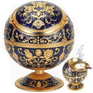 Windproof Ashtray with Lids Metal Portable Cigarette Ashtray for Outdoors and Indoors Use, Hand Stamped Pattern Nice Gift for Men and Women (Navy Blue)