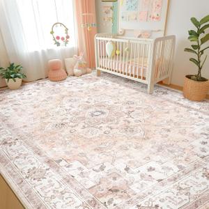 Machine Washable Rugs Nursery Rug 8x10 Cute Girl Non Slip Low Pile Water Repellent Soft Print Pattern for Bedroom Indoor Decor Kids Playroom Pink 