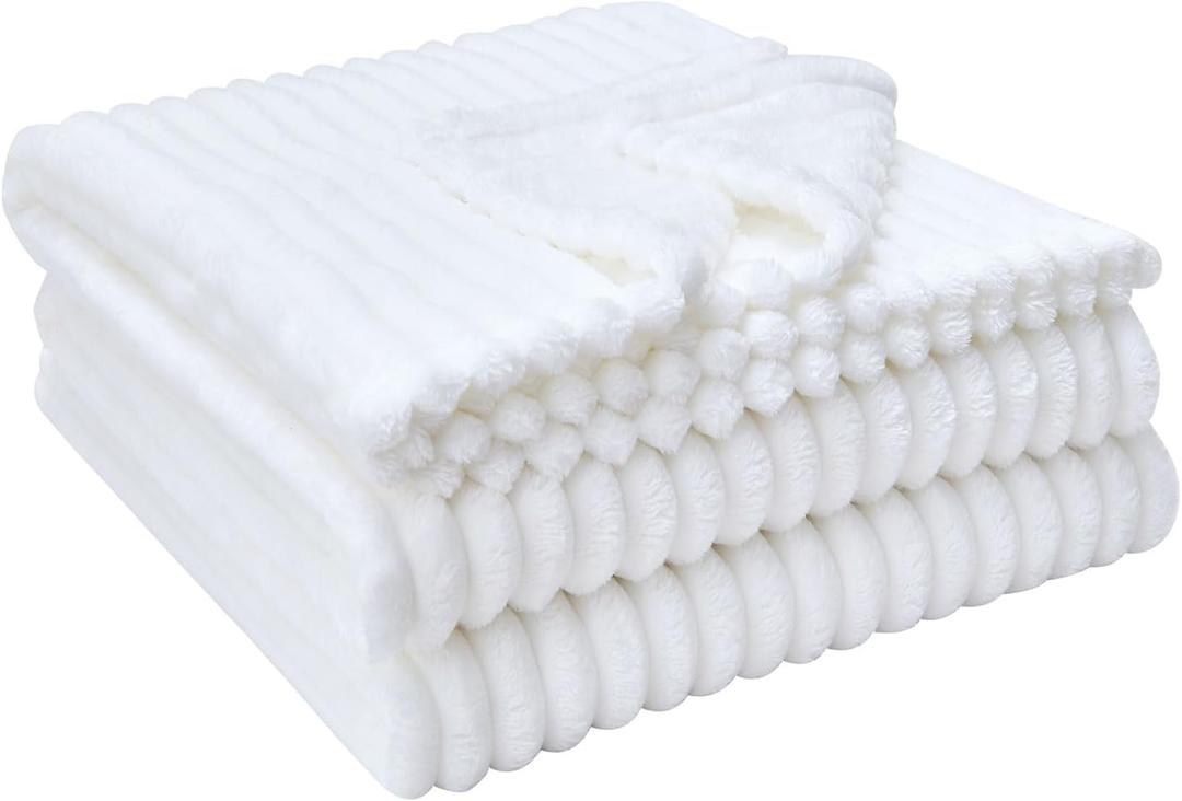 Throw Blanket for Couch - Flannel Fleece 3D Striped Ribbed Bed Blanket.Super Soft Blankets for Women Girls,Teacher Gifts Birthday Gifts Room Home Dorm Decor (White, Throw(50"x60"))