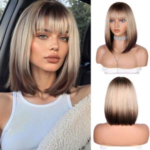 brown gradient Bob Wig With Bangs 14 Inch Short Straight Bob wig for Women Short Bob Wigs Heat Resistant Fiber Synthetic Middle Part Cosplay Costume Party Wigs