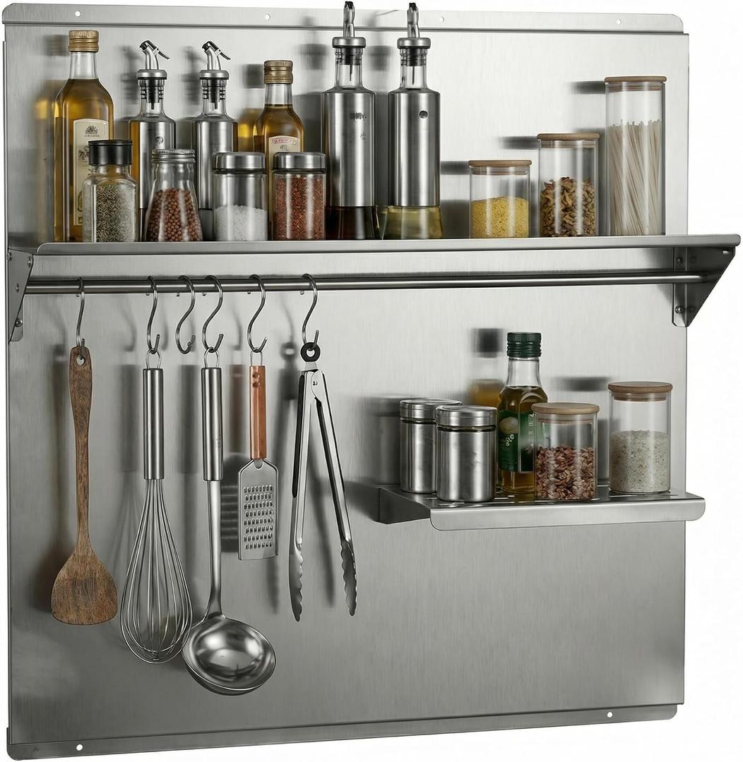 MIAOOWITH 29.5×29.5 Inch Stainless Steel Stove Backsplash with Shelf, Rust-Proof Kitchen Wall Protector Stainless Steel - Easy No-Drill Installation