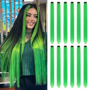 Leeven Green Colored Hair Extensions Clip in 22 Inch 12PCS Long Straight Clip on Synthetic Hairpieces Colorful Party Highlights Hair Accessories Cosplay Christmas for Women Girl Kids