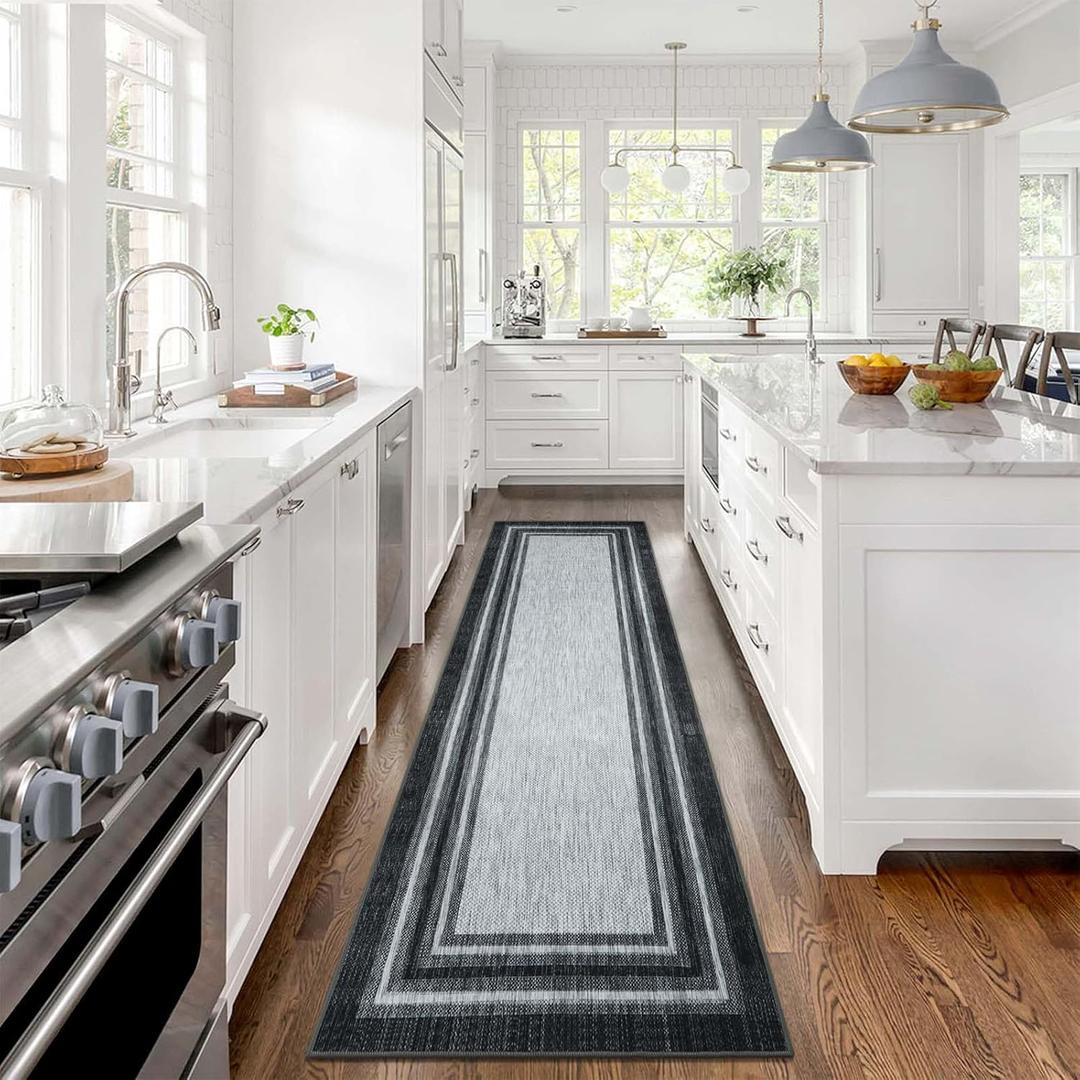 Beeiva Bordered Carpet Runners for Hallways, 2x8 Black Modern Hallway Runner Rugs with Rubber Backing, Washable Bathroom Runner Rug Printed Long Rugs for Hallway Bedroom Entryway