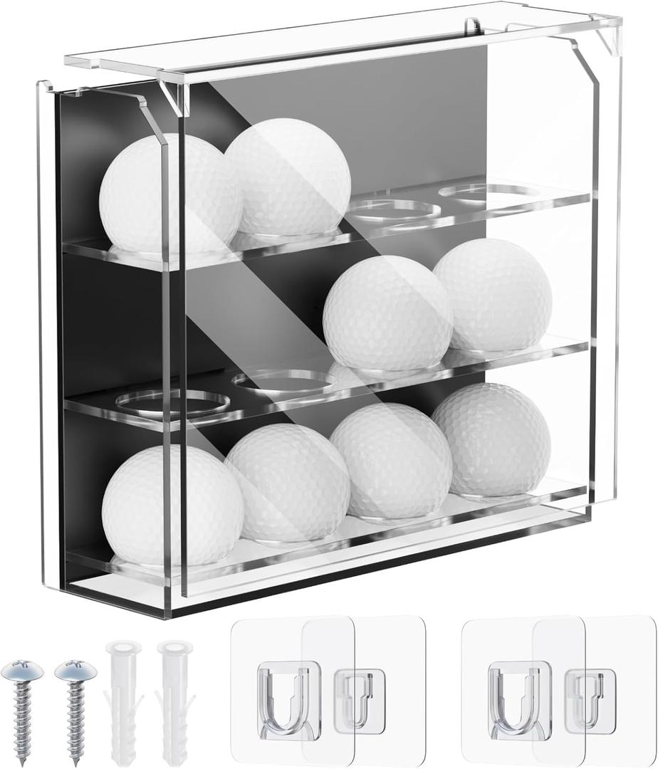 Cosmos Acrylic Golf Ball Display Case Wall Mounted Golfball Holder 3 Layer Clear Showcase Storage Box for 12 Balls, Cabinet Shelf for Collections Memorabilia Display