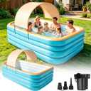 118" Deep Large Inflatable Pool with Removable Pool Canopy & Inflatable Pump, Backyard Family Pool, Outdoor Blow Up Pool for Adults & Kids, Summer Shaded Backyard Pool for Water Party