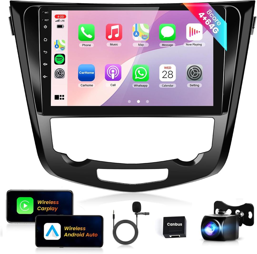 DSP 46EQ  8core 4+64G Car Radio for Nissan Rogue X-Trail Qashqai 2014-2018 with Wireless Carplay Android Auto 10.1inch 1280x720P Touchscreen Car Audio 59UIs 5.0Bluetooth WiFi/GPS RDS/FM Rear Camera