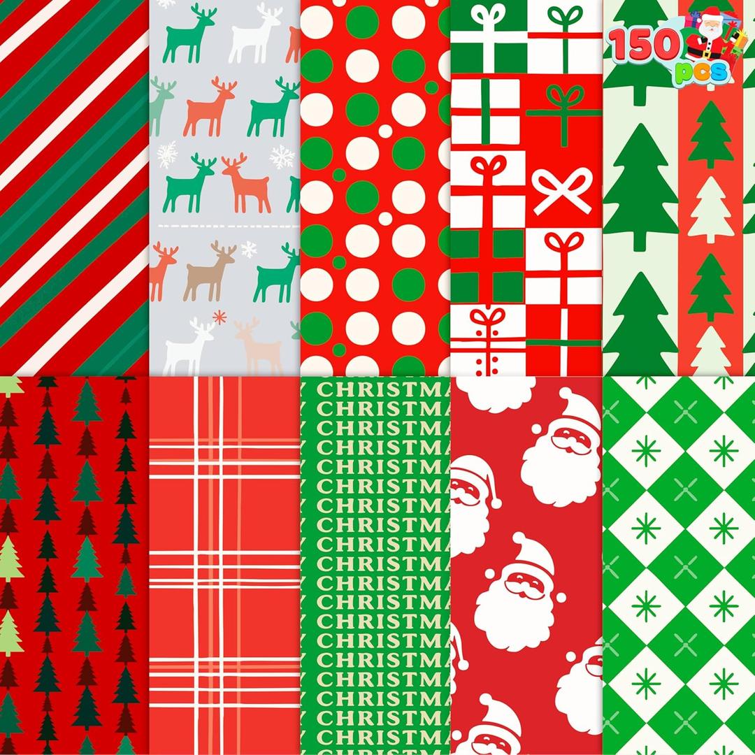 JOYIN 150 Sheets Christmas Wrapping Paper, 20''x20'' Xmas Tissue Papers Bulk for Holiday Party Supplies, Craft Decor, Assorted Designs with Christmas Tree Elk for DIY Crafts, Bag&Box Gift Wrapping