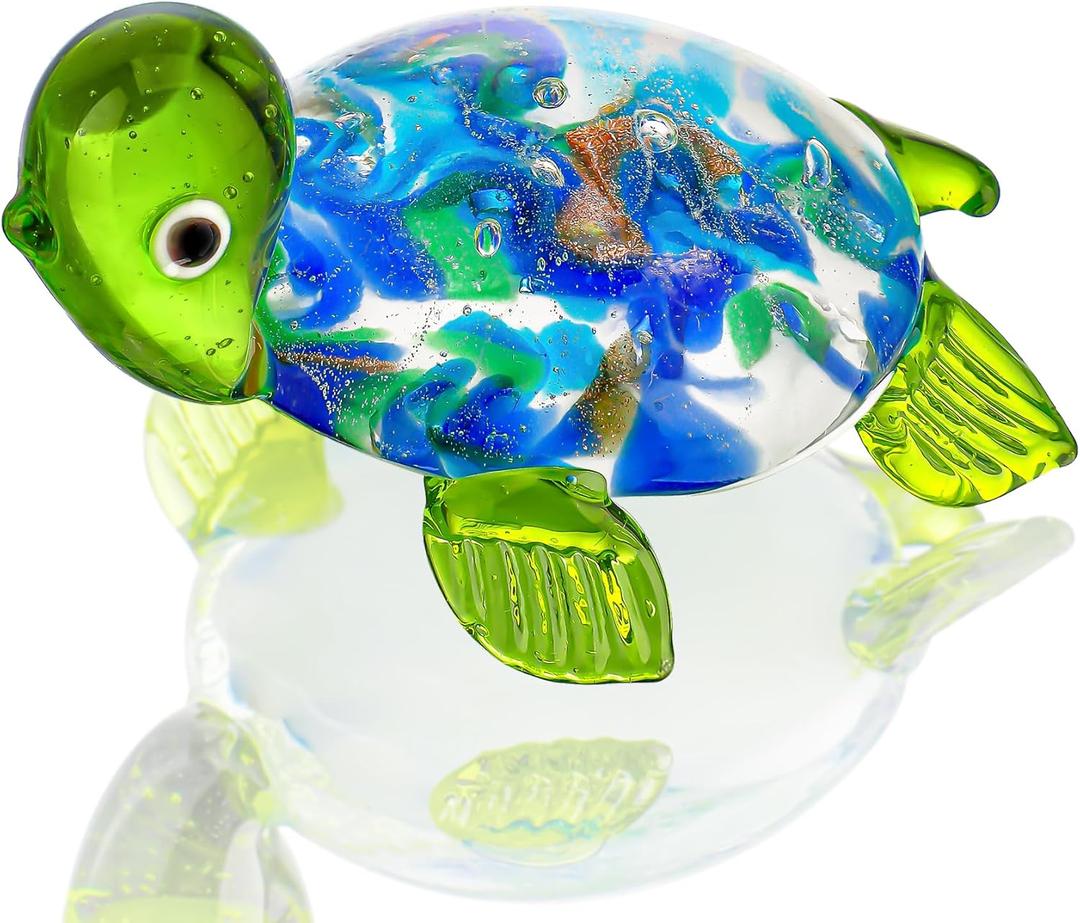 QFkris 2.5" Hand Blown Glass Sea Turtle Figurines Handmade Art Glass Turtle Decor Miniature Animals Collectibles Ornament Valentines Day Gift for Women