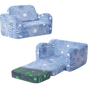 MeMoreCool Toddler Sofa Bed  Glow-in-The-Dark Astronaut Chair for Kids, 2-in-1 Fold-Out Lounger (Denim Planet) Soft Foam | Machine Washable Cover | Ages 13 | Playroom & Nursery Nap Couch