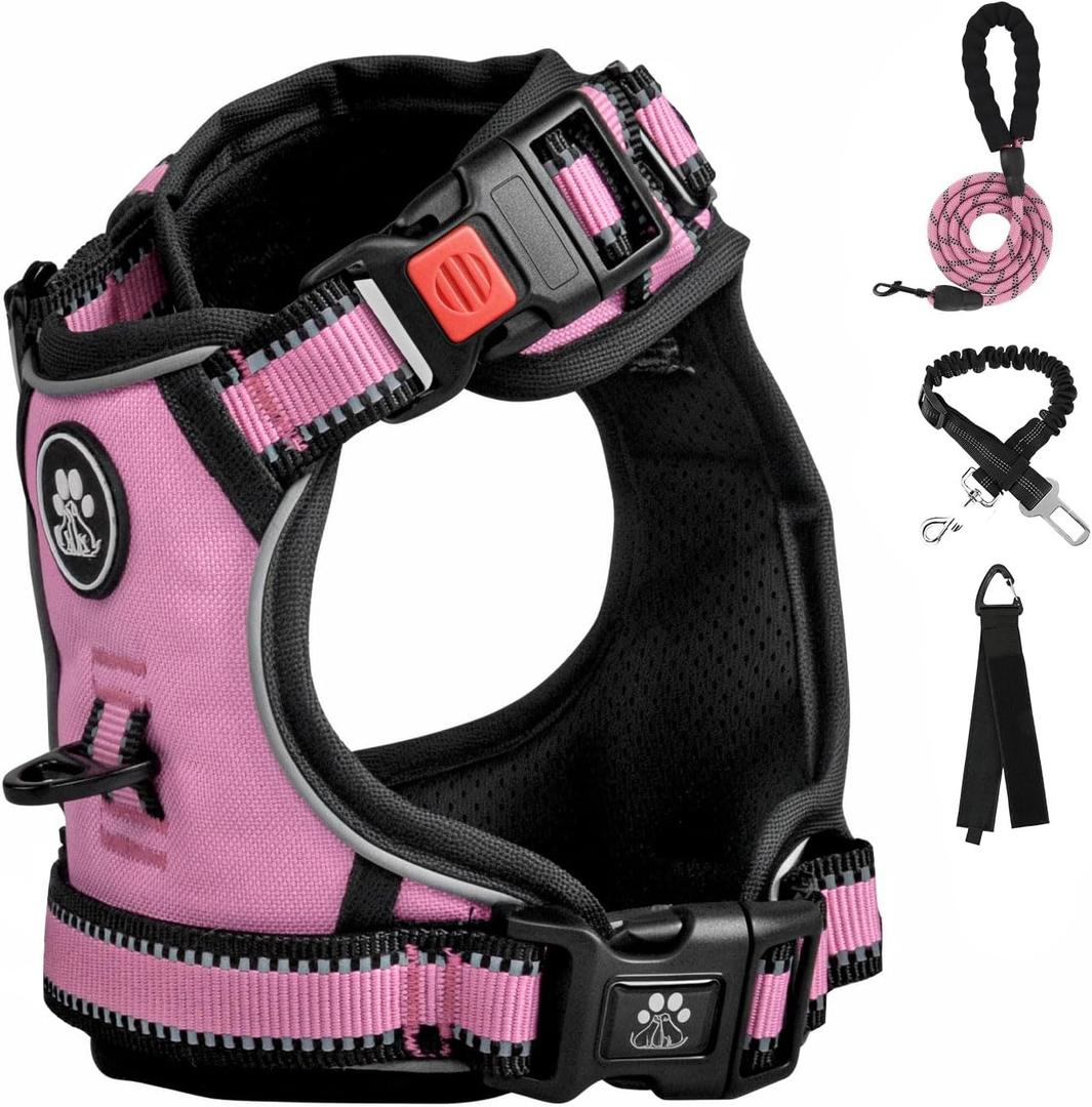 FURRYFECTION Dog Harness | No Pull Dog Harness | Reflective Oxford | Padded Handle | 4 Adjustable Straps | 2 Leash Clips | No Choke Pet Vest Harness for Small Medium Large Dogs | Pink | M