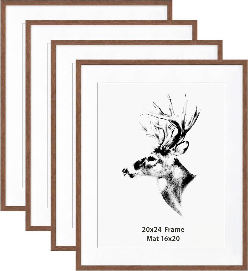 Yaetm 20x24 Picture Frame Matted to 16x20, Walnut Brown, Solid Wood 20x24 Frame for Gallery Wall, Photos, Posters & Art Prints, Horizontal and Vertical Wall Mount (4 pack, Walnut)
