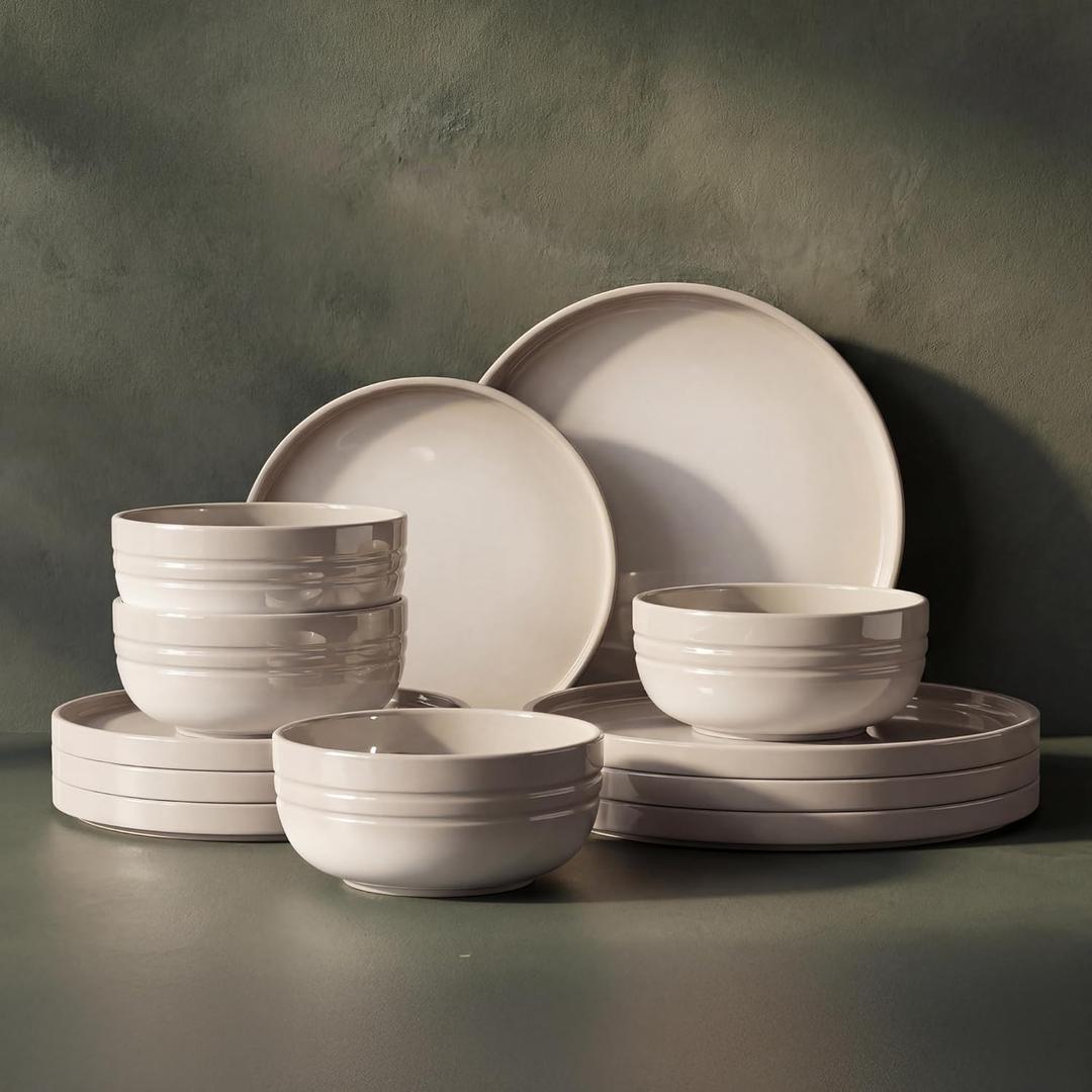 SMIRLY Stoneware Dinnerware Set for 4, 12-Piece Ceramic Plates and Bowls Set, Chip & Scratch Resistant Dish Set, Microwave, Dishwasher & Oven Safe for Everyday Meals, Cream White