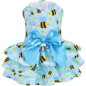 PUPTECK Cute Dog Dress with Bowknot and Leash Ring, Soft Breathable Dog Clothes Puppy Princess Girl Outfit, Pet Apparel Costume for Small Medium Sized Dogs, Blue Yellow Bee, M