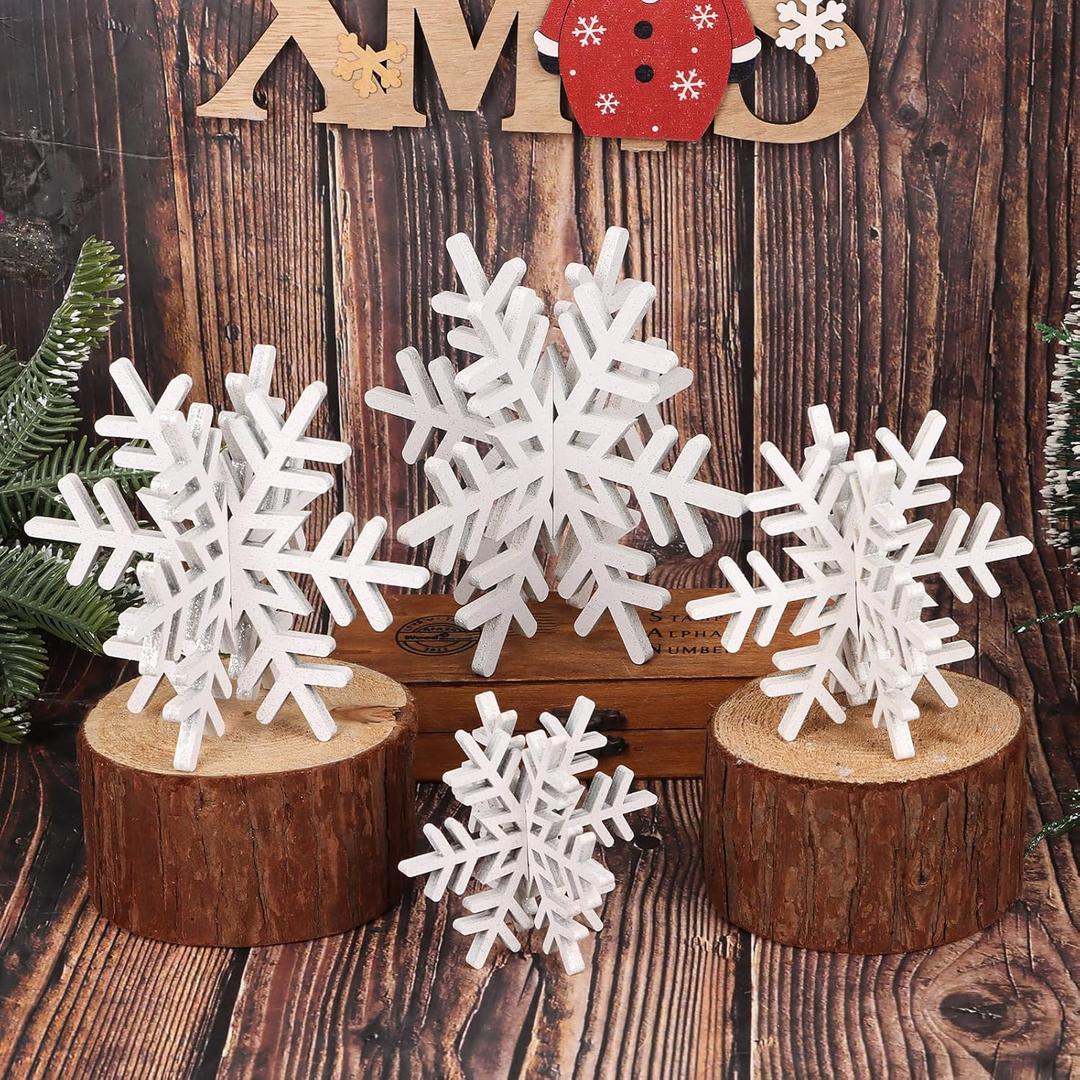 KIMOBER 8Pcs Winter Wooden Snowflake Decorations,White Glitter 3D Christmas Wood Snowflake Signs Tabletop Decor Tabletop Centerpiece for Home Xmas Party(White)