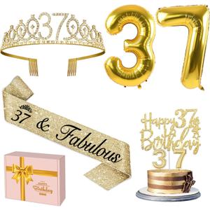 37th Birthday Decorations for Women Gold with 37th Birthday Sash and Tiara, Cake Topper and Candles, Number Balloons, 37 Year Old Gifts for Women