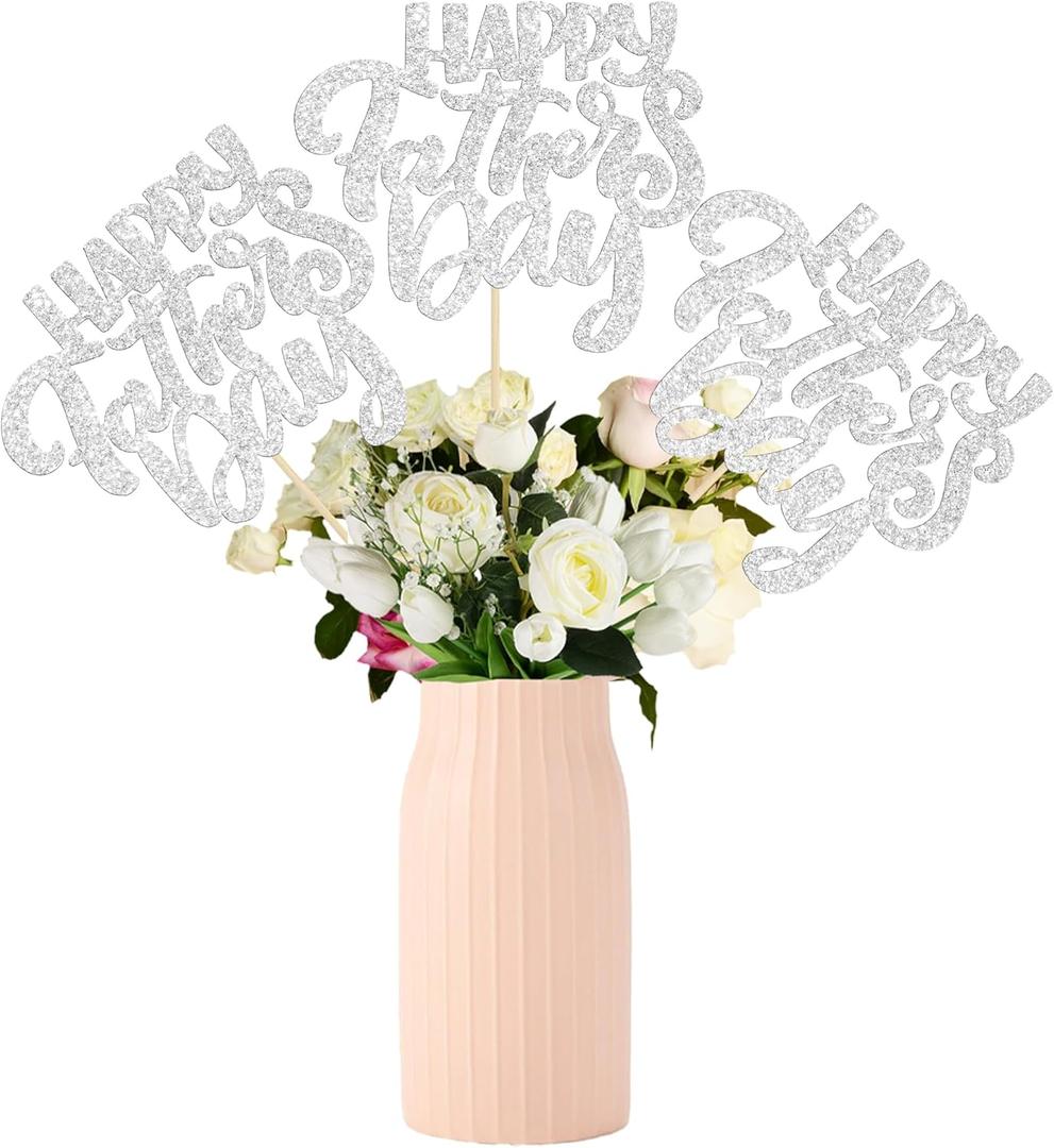 3 x Gyufise 12Pcs Happy Father's Day Centerpiece Sticks Assembled Glitter Love Heart Love Dad Best Dad Table Centerpiece Sticks for Father's Day Theme Men Birthday Party Supplies Silver