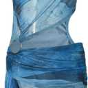 Women Sexy Sheer Halterneck Mini Dress Hollow Out Colourful Mesh Floral Dress for Beach Party Night (Small, Blue)