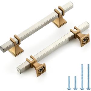 HOME EDIT 5 Pack 4 inch Brushed Nickel&Gold Cabinet Handles Square Zinc-Alloy Pulls for Kitchen Dresser Closet and Bathroom Cabinets Hardware