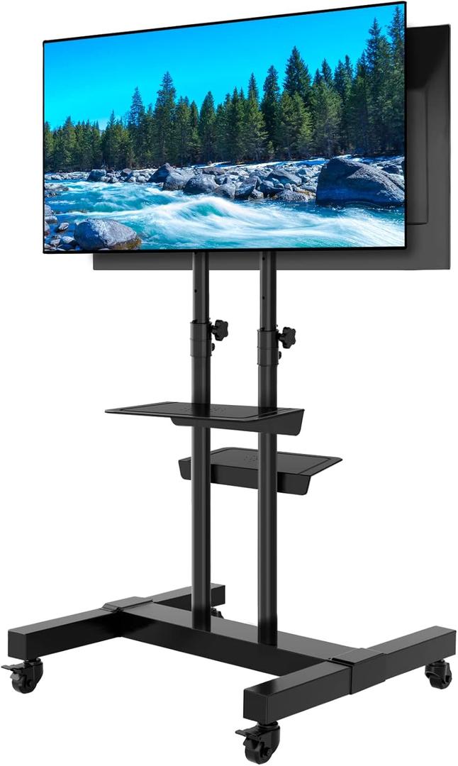 TAVR Dual Mobile TV Stand Rolling TV Cart Floor Stand with 2 TV Brackets on Locking Wheel Height Adjustable Shelf for 32-70 inch Flat/Curved Screen Gaming Console Display,Loading 110 lbs (TALL)