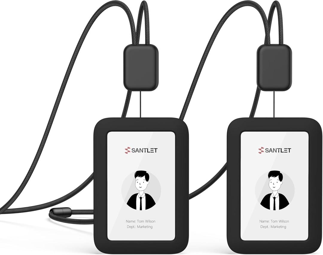 2 Pack Lanyards for ID Badges Holder, SANTLET Silicone ID Badge Holder Name Card Case Protector with Retractable Cord, Safety Breakaway Buckle, 2 Card Slots for Office Staff Teachers Employees Black (Vertical)