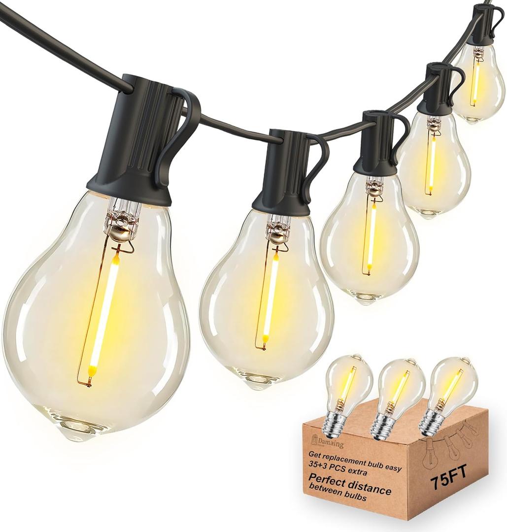 DAMAING Outdoor string lights 75FT Waterproof patio string lights with 38 Shatterproof Dimmable A39 LED Bulbs, 2FT bulbs apart Connectable Outdoor Lighting for Backyard Garden Bistro and Balcony 2200K (Black)