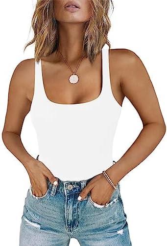 Chunpin Women's Square Neck Sleeveless Bodysuit Tank Tops Thong Bodysuits Outfits, L