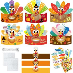 Fancy Land 24 Pack DIY Turkey Craft Kits Kids Thanksgiving Turkey Hats Create Your Own Turkey Crowns Headband for Kids Adults Classroom VBS Party Supply