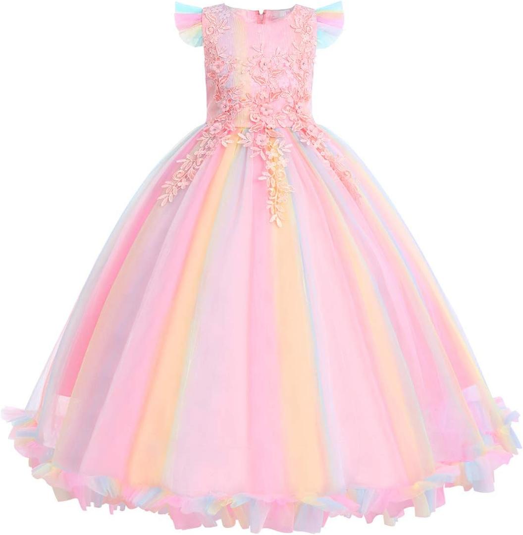 Girls Embroidery Flower Lace Long A Line Pageant Dress Floor Length Princess Prom Tulle Maxi Gown for Wedding Party Birthday (5-6 Years)