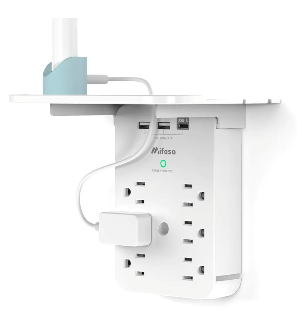Wall Outlet Extender with Surge Protector, 6 AC Outlets, Shelf, 2 USB & USB C Charging Ports - Home & Dorm Plug Expander