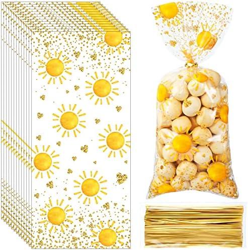 100 Pcs Boho Candy Bags Groovy Hippie Boho Treat Bags Boho Sun Party Favor Supplies Bag with 100 Pieces Golden Twist Ties for Birthday Wedding Baby Shower Groovy Retro Hippie Party Supplies