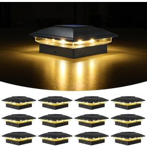 VOLISUN Solar Post Cap Light Outdoor Waterproof 12pack,Solar Fence - Post Lights for 4x4 5x5 6x6 Wooden/Vinyl Post,Black Deck Post Cap Light Solar Powered with Warm White for Garden/Patio/Porch