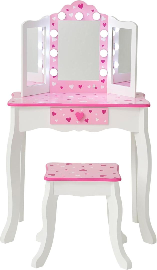 Teamson Kids Vanity Set for Girls with LED Lights, Tri-Fold Mirror, Stool & Drawer, Pretend Makeup Table for Toddlers, Heart Design, Wooden White Pink Princess Play Furniture, Ages 3+