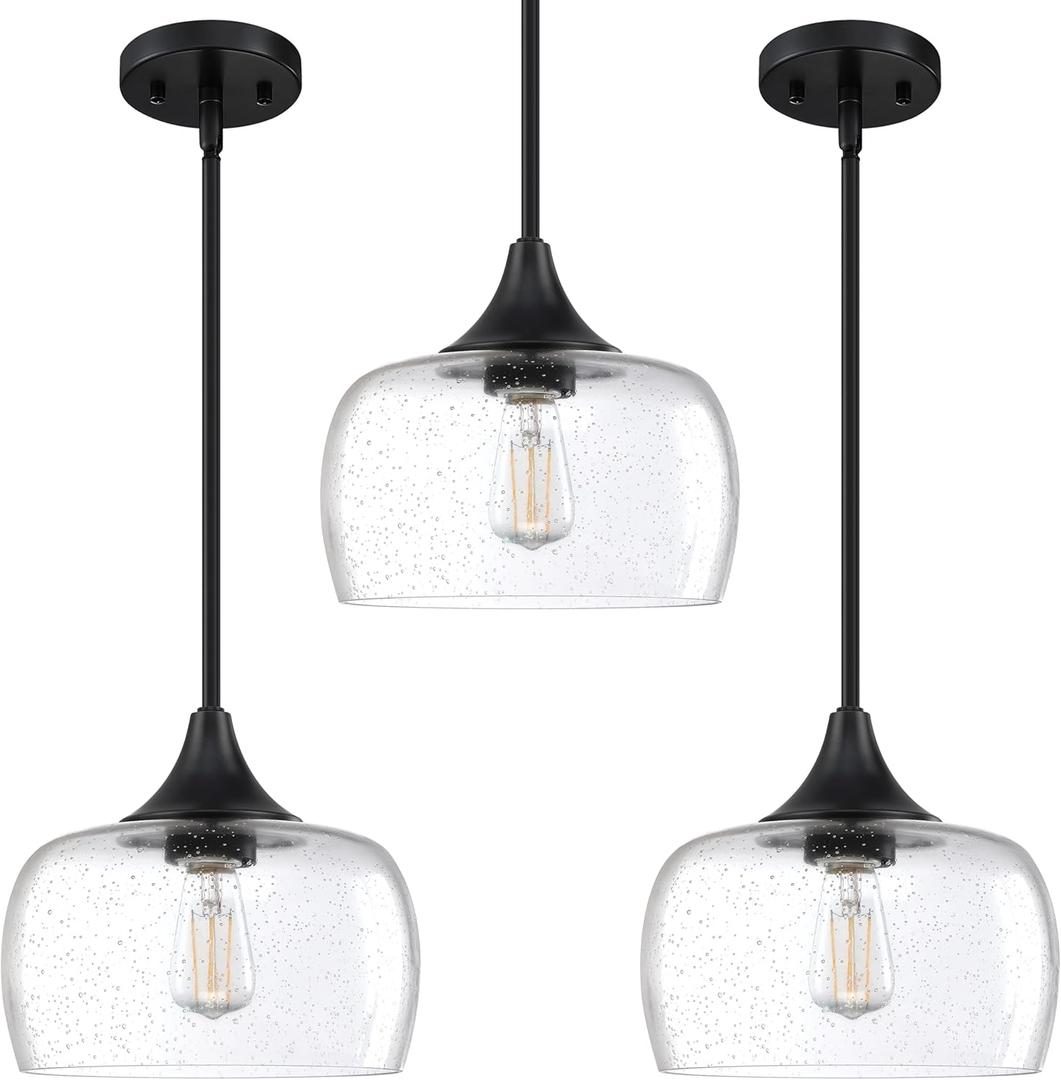 3 Pack 1 Light Hanging Indoor Kitchen Island Pendant Ceiling Light 9" Drum Clear Seeded Glass Shade Fixture,Black Finish Modern Farmhouse Dinning Over Sink Adjustable Rod