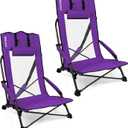 SPORT BEATS Low Beach Chairs Set of 2 Folding Beach Chairs High Back Support with Head Pillows Shoulder Straps (Purple)