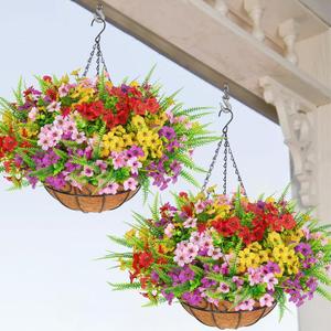 Elyum 2 Pack Artificial Hanging Flowers for Outdoors, UV Resistant Fake Flowers with Hanging Baskets, Artificial Flowers for Decoration Outdoors Garden, Spring Decor for Patio Porch