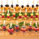 Skewer Holder Bamboo Party Food Display With 75 Holes - Ideal Food Display Stands For Party, Buffet, Cocktail and Catering Events - Five Tier Appetizer Skewers Food Stand, Brown