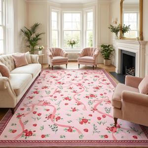 GarveeHome Red Bow Rugs for Bedroom Girls, Washable Rug 5x7 for Living Room with Soft Low Pile, Floral Washable Red Area Rug for Nursery Kids Playroom Dorm Office Carpet Bow Decor