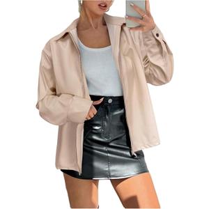 Verdusa Women's PU Leather Jacket Zip Up Long Sleeve Collared Bomber Coats Outwear (XS)